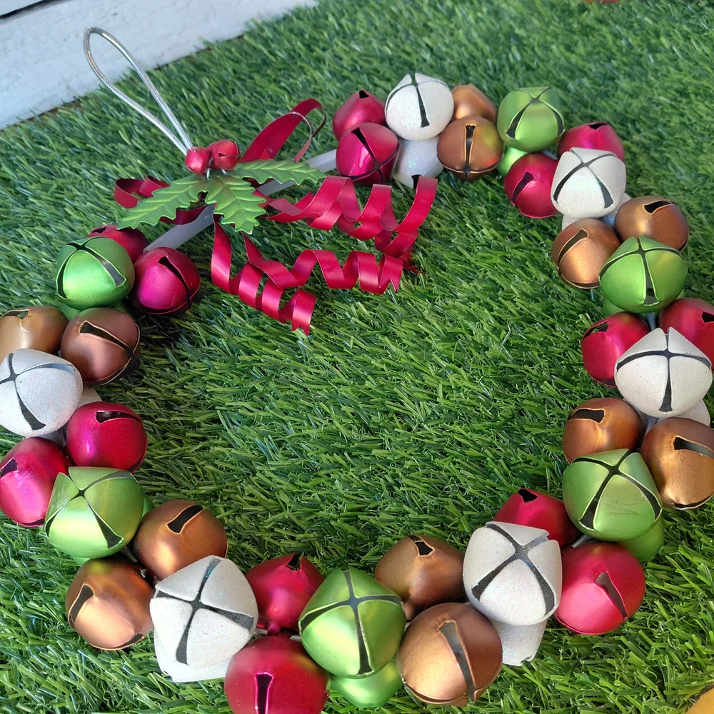 Festive Multicolor Jingle Bell Christmas Door Wreath Metal Holly & Ribbon Bow